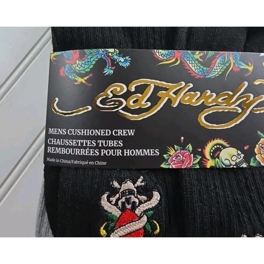 Ed Hardy Mens 5 Pairs Pack  Cushioned Crew Black Gray Green  Socks Shoe 6-12 New